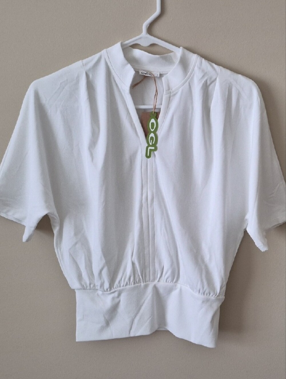 White Short Sleeve Pullover Top, V-neck, White, Size S